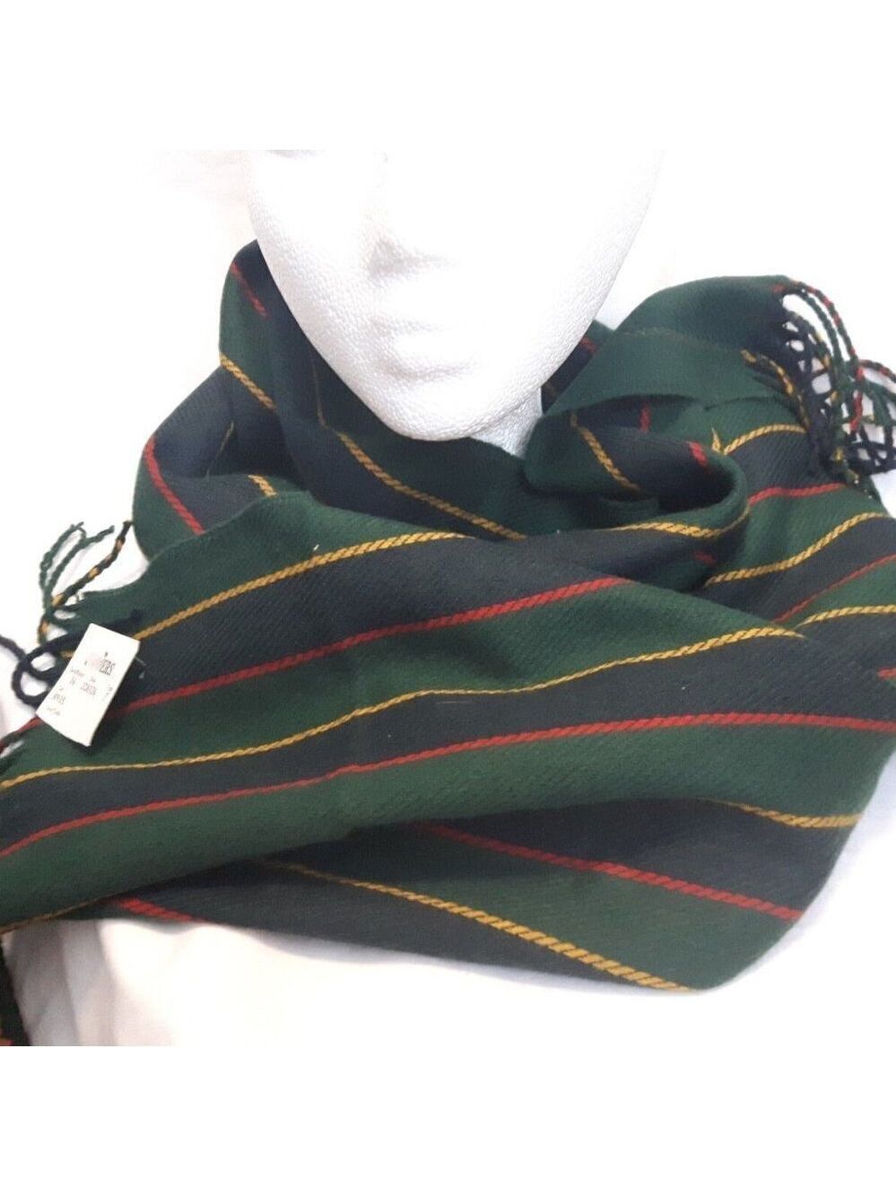 COURTELLE Made in France striped acrylic scarf fringe ends green navy red gold